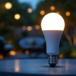 A photograph of a stylish outdoor setting illuminated by modern sensor light bulbs