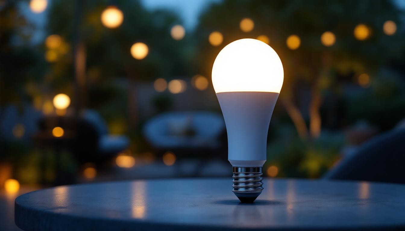 A photograph of a stylish outdoor setting illuminated by modern sensor light bulbs