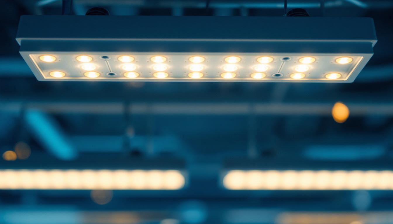 A photograph of a close-up of an led light installation