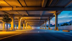 A photograph of a well-lit outdoor parking garage at dusk