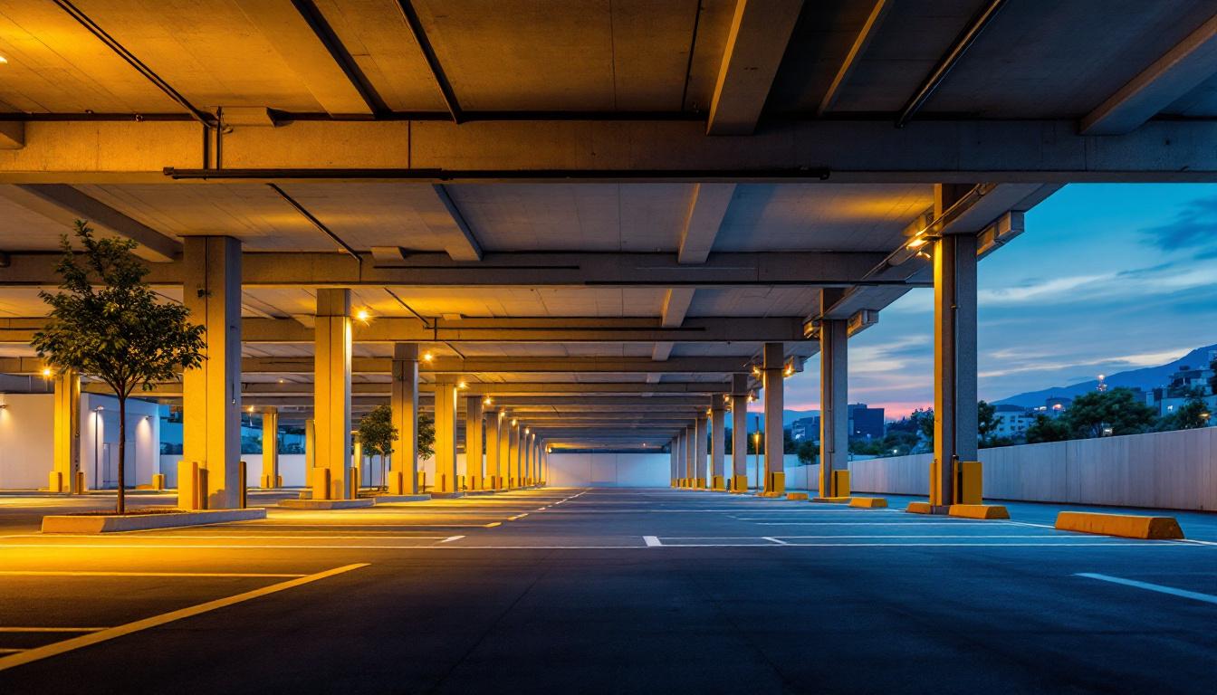 A photograph of a well-lit outdoor parking garage at dusk