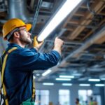 A photograph of a skilled lighting contractor installing eight-foot led tubes in a modern commercial space