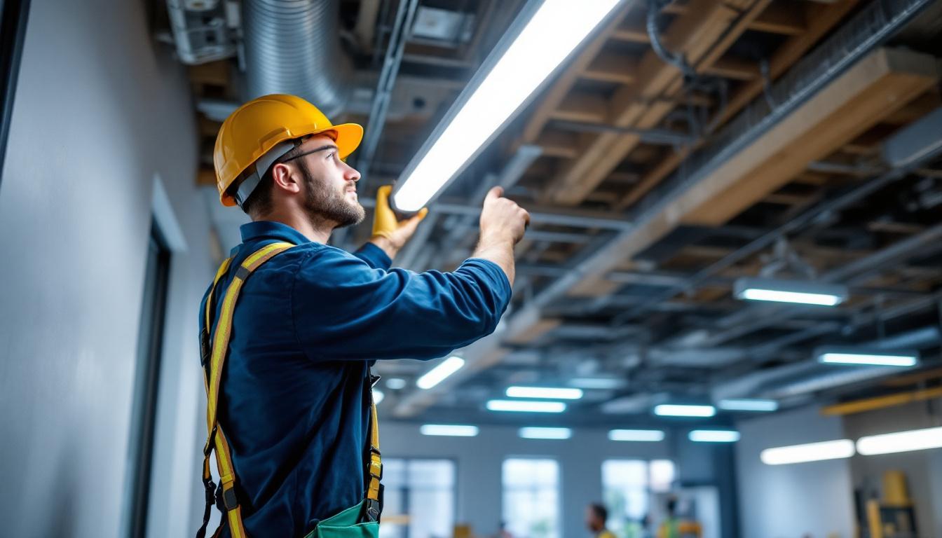 A photograph of a skilled lighting contractor installing eight-foot led tubes in a modern commercial space