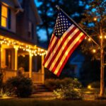 A photograph of a beautifully illuminated outdoor american flag