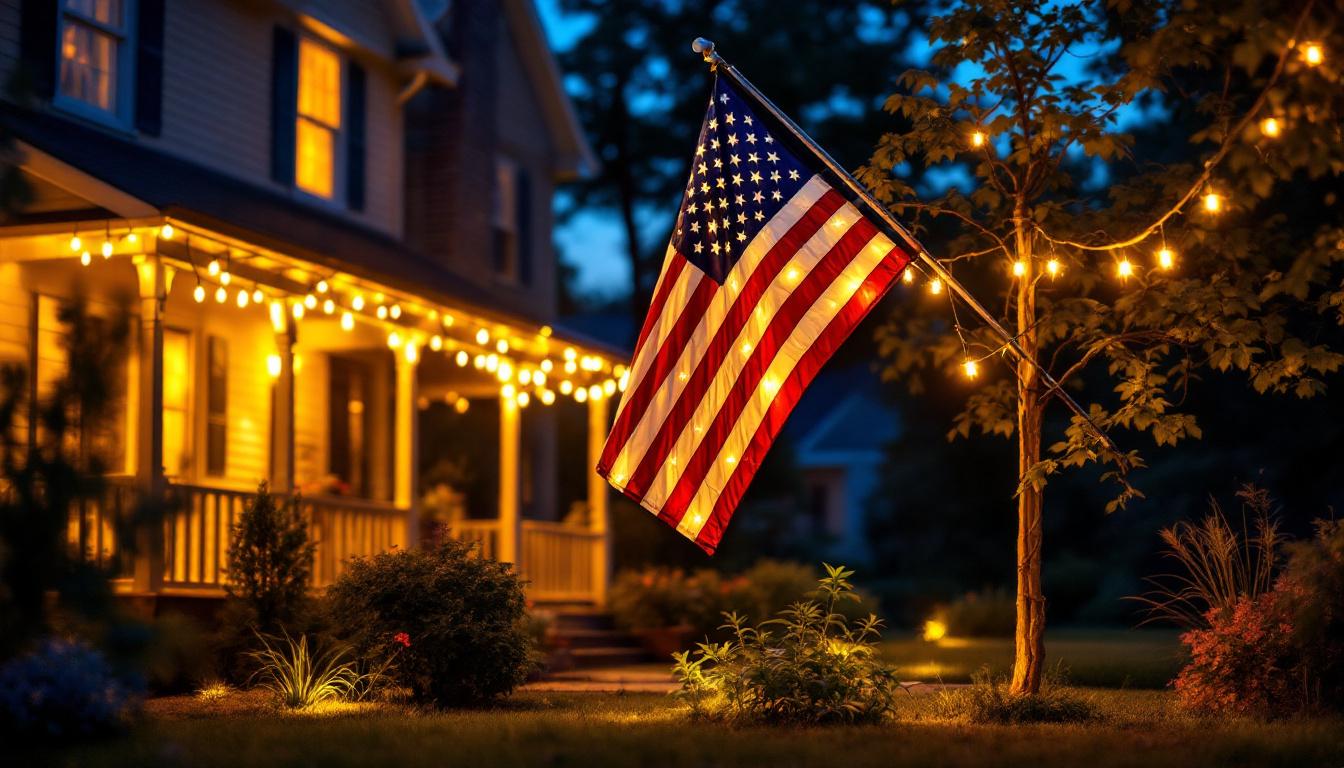 A photograph of a beautifully illuminated outdoor american flag