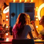 A photograph of a well-lit makeup station featuring a variety of lighting setups