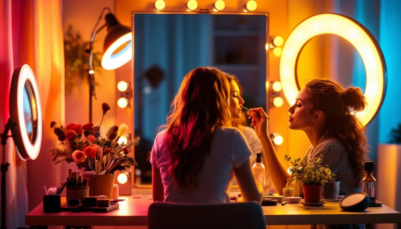 A photograph of a well-lit makeup station featuring a variety of lighting setups