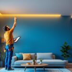 A photograph of a lighting contractor installing flat recessed led lights in a modern residential setting