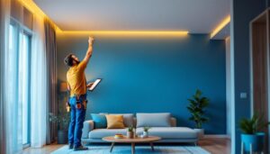 A photograph of a lighting contractor installing flat recessed led lights in a modern residential setting