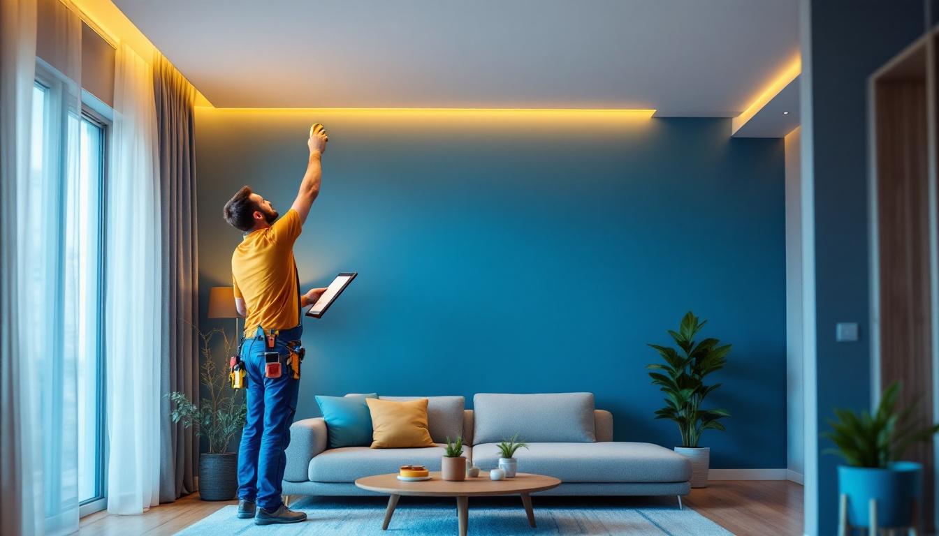 A photograph of a lighting contractor installing flat recessed led lights in a modern residential setting