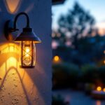 A photograph of a beautifully designed outdoor wall-mounted light illuminating a cozy patio or garden space during twilight