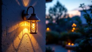 A photograph of a beautifully designed outdoor wall-mounted light illuminating a cozy patio or garden space during twilight