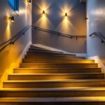 A photograph of a beautifully designed staircase illuminated by stylish light fixtures