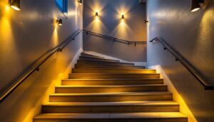 A photograph of a beautifully designed staircase illuminated by stylish light fixtures