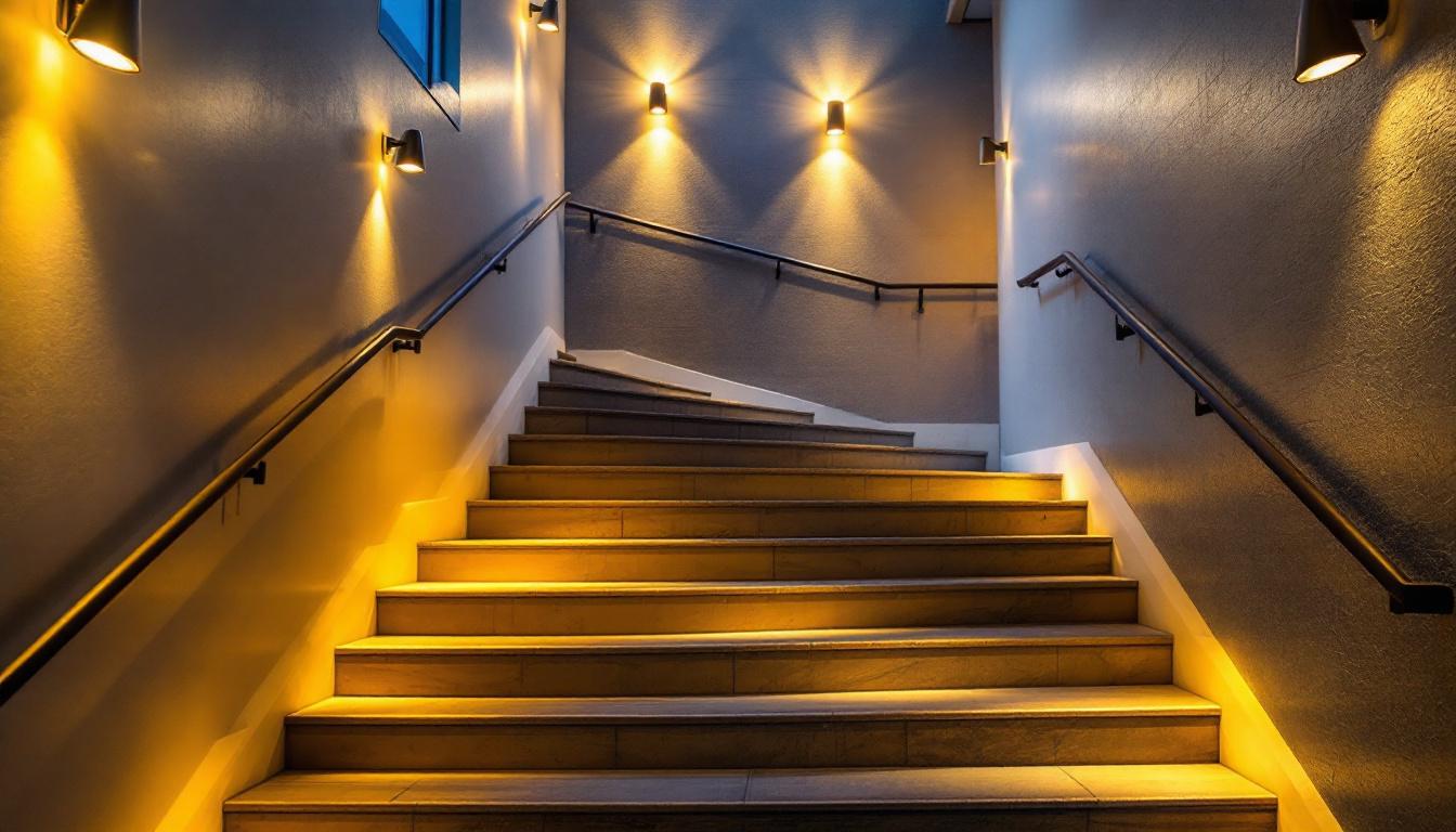 A photograph of a beautifully designed staircase illuminated by stylish light fixtures