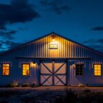 A photograph of a well-lit pole barn exterior at dusk