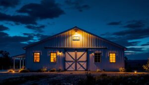 A photograph of a well-lit pole barn exterior at dusk