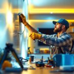 A photograph of a lighting contractor in action