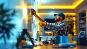 A photograph of a lighting contractor in action