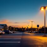 A photograph of a well-lit solar parking lot at dusk