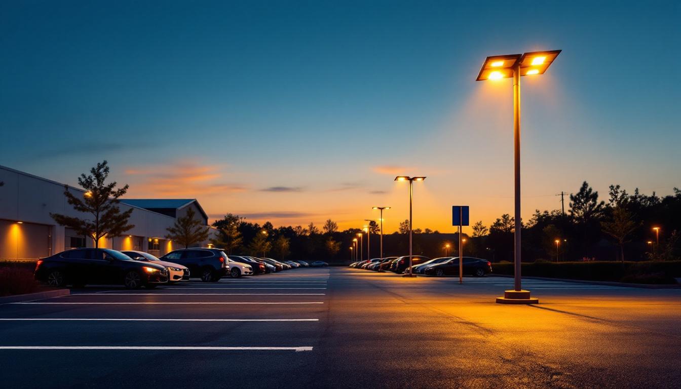 A photograph of a well-lit solar parking lot at dusk