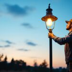 A photograph of a lighting contractor expertly installing or adjusting a stylish light post bulb in an outdoor setting