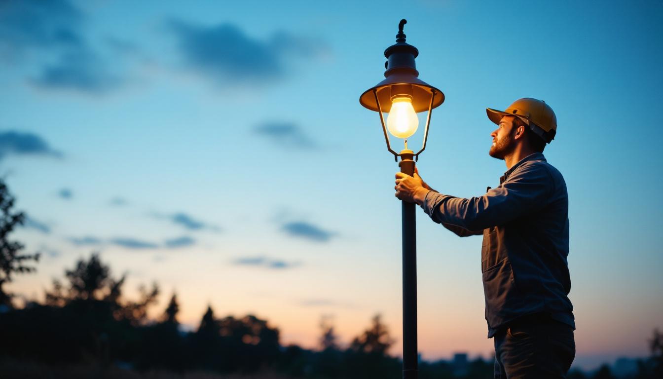 A photograph of a lighting contractor expertly installing or adjusting a stylish light post bulb in an outdoor setting