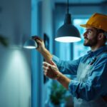 A photograph of a lighting contractor installing or showcasing leviton lighting products in a well-lit