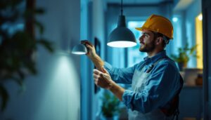 A photograph of a lighting contractor installing or showcasing leviton lighting products in a well-lit