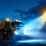 A photograph of a truck equipped with bright led flood lights illuminating a worksite at dusk