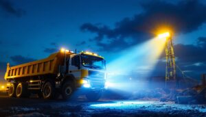 A photograph of a truck equipped with bright led flood lights illuminating a worksite at dusk