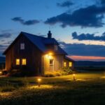 A photograph of a well-lit exterior farm scene at dusk