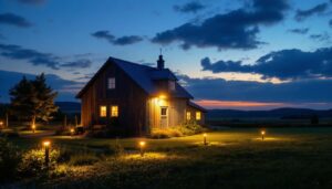 A photograph of a well-lit exterior farm scene at dusk