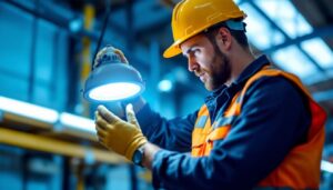 A photograph of a lighting contractor installing or adjusting a metal halide 400w fixture in a commercial or industrial setting