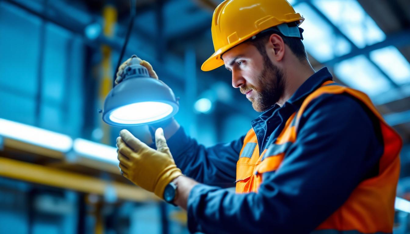 A photograph of a lighting contractor installing or adjusting a metal halide 400w fixture in a commercial or industrial setting