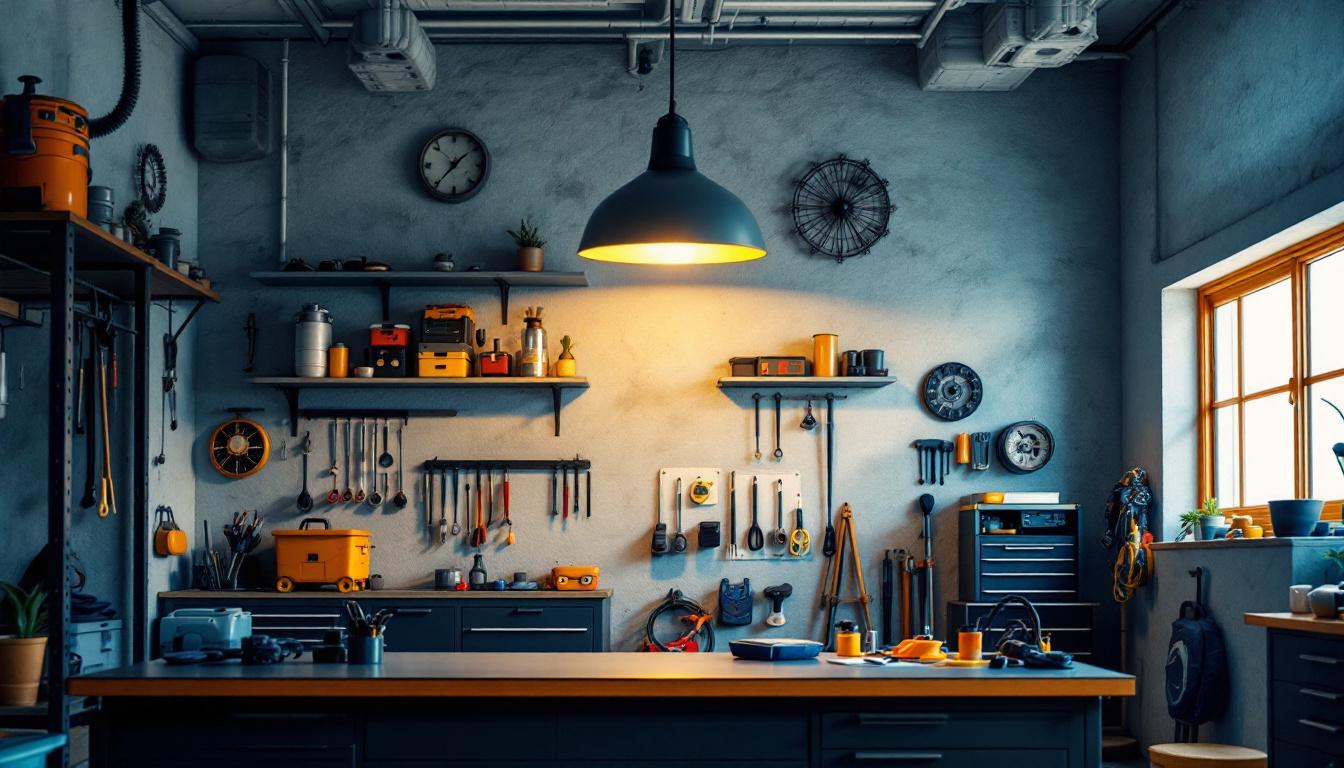 A photograph of a well-lit garage featuring a stylish hanging light fixture