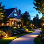 A photograph of a beautifully landscaped outdoor space illuminated by strategically placed lighting fixtures