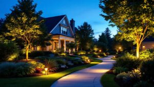 A photograph of a beautifully landscaped outdoor space illuminated by strategically placed lighting fixtures