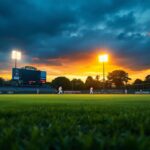 A photograph of a baseball field illuminated by bright led lights during a twilight game