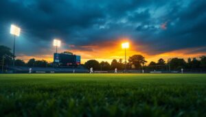 A photograph of a baseball field illuminated by bright led lights during a twilight game