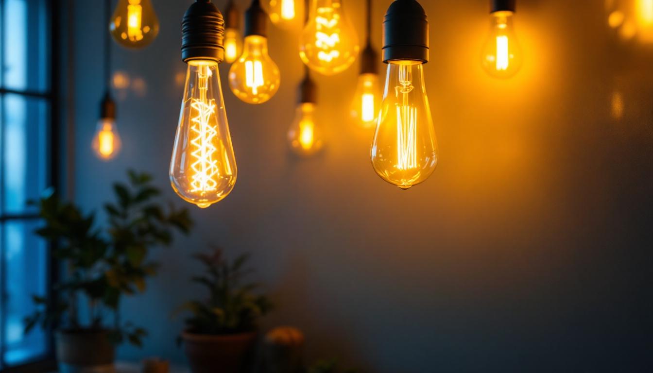 A photograph of a beautifully lit room showcasing various types of light bulbs in use