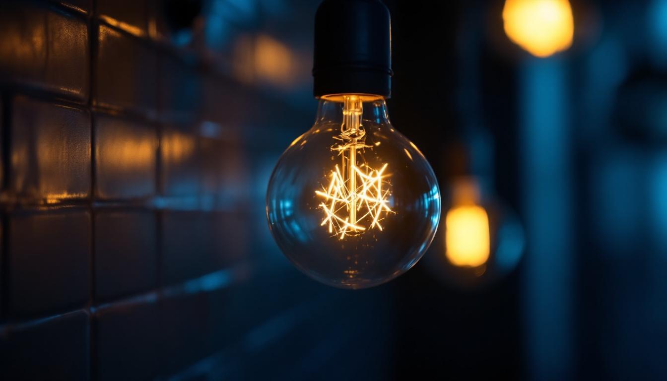 A photograph of a close-up shot of a flickering light bulb in a dimly lit room