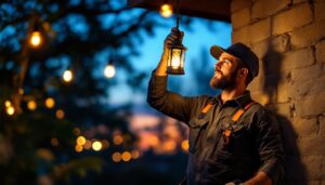 A photograph of a lighting contractor skillfully installing an electric light lantern in an outdoor setting