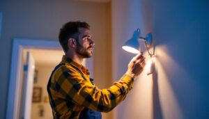 A photograph of a lighting contractor in action