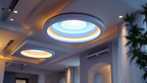 A photograph of a well-lit room featuring large recessed lights in an elegant setting