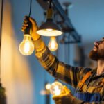 A photograph of a lighting contractor expertly installing led light bulbs in a modern can light fixture