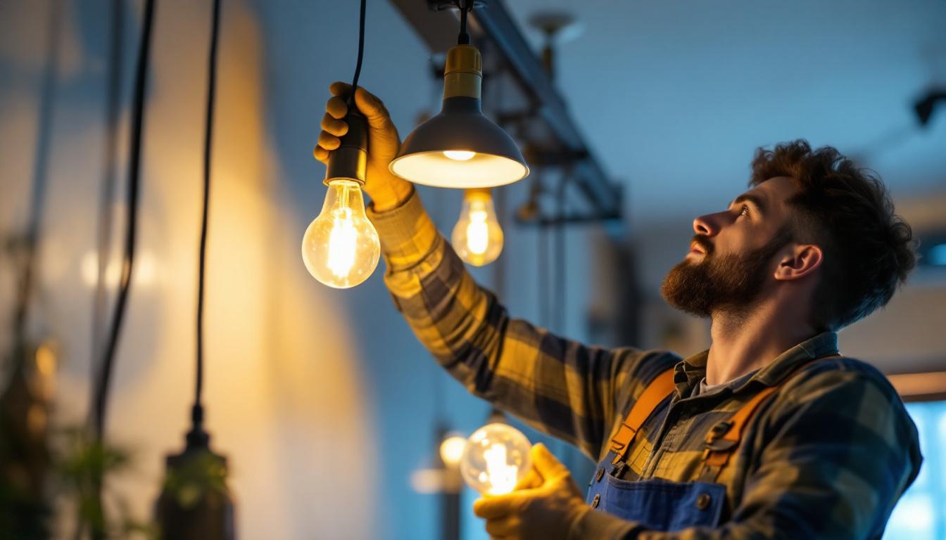 A photograph of a lighting contractor expertly installing led light bulbs in a modern can light fixture