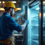 A photograph of a lighting contractor inspecting a 5-foot refrigerator in a well-lit commercial kitchen