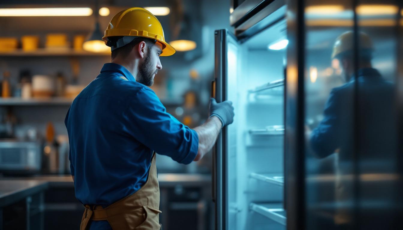 A photograph of a lighting contractor inspecting a 5-foot refrigerator in a well-lit commercial kitchen
