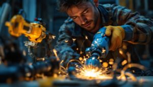 A photograph of a lighting contractor in action